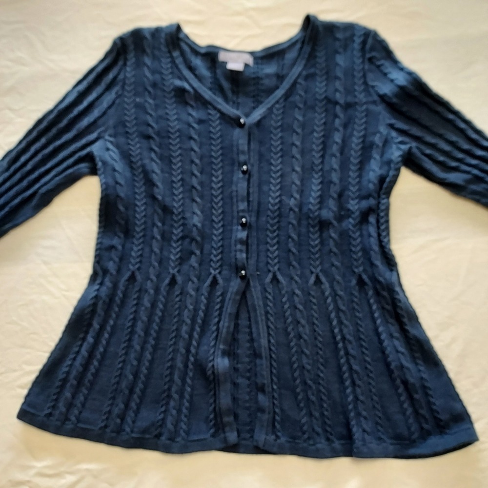 Laura Scott Petite Navy Blue Cable Knit Cardigan 100% Cotton V-Neck MP 3/4 Bell